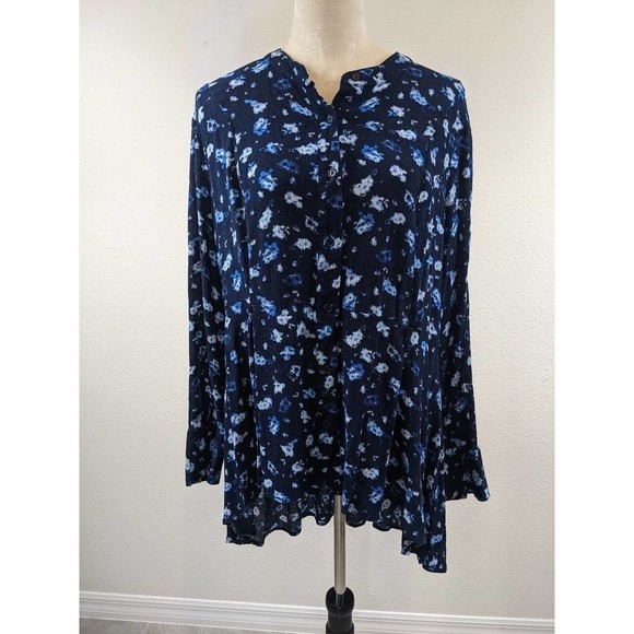 Lane Bryant Button Down Top Blouse Navy Blue Floral Plus Size 16 Peplum Hi-Lo - Picture 1 of 5